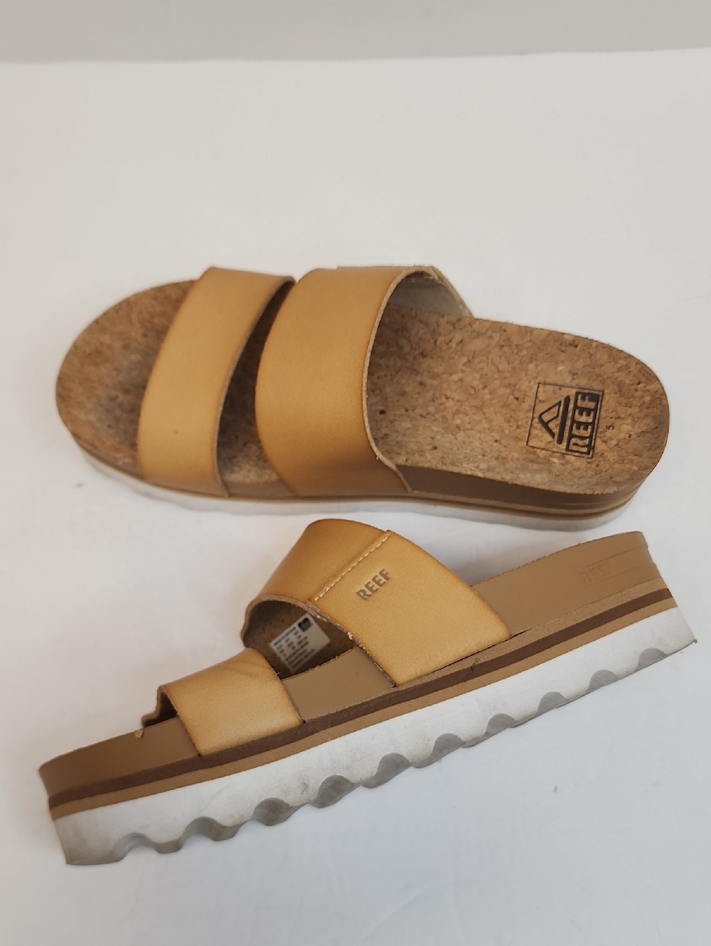 Reef Tan Cork Platform Slide Sandals Dual Strap Size 5